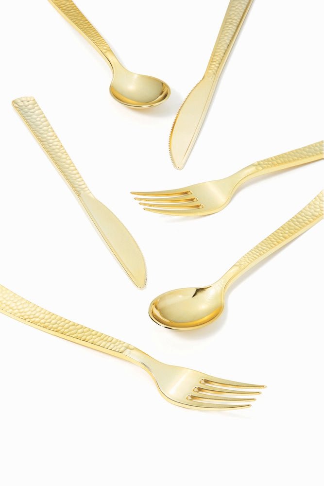 Metallic Gold Hammered Plastic Cutlery Set, 24ct - JJ's Party House: Birthday, Balloons & Custom Party Favors