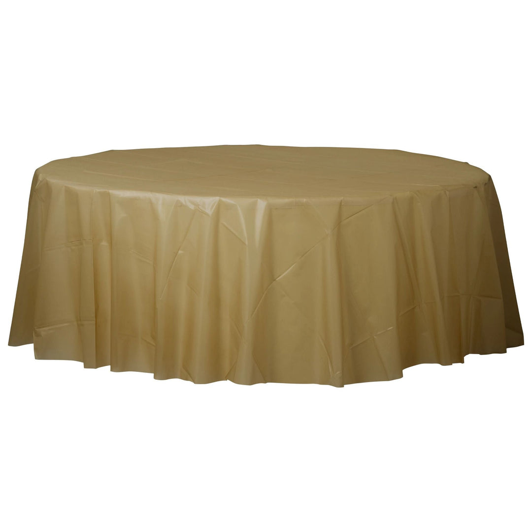 Metallic Gold Round Plastic Table Cover 84" - JJ's Party House