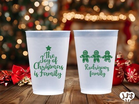 Gingerbread Family Christmas Custom Frosted Cups, showing the cups with the gingerbread family design.