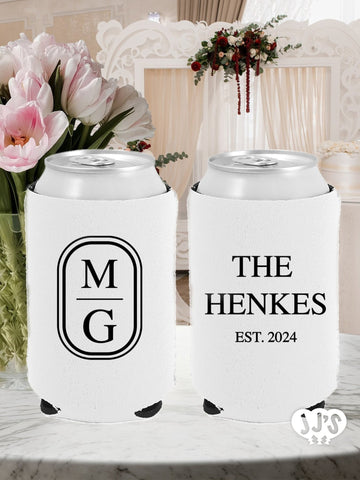 Oval Monogram Wedding Can Coolers - JJ's Party House: Custom Party Favors, Napkins & Cups