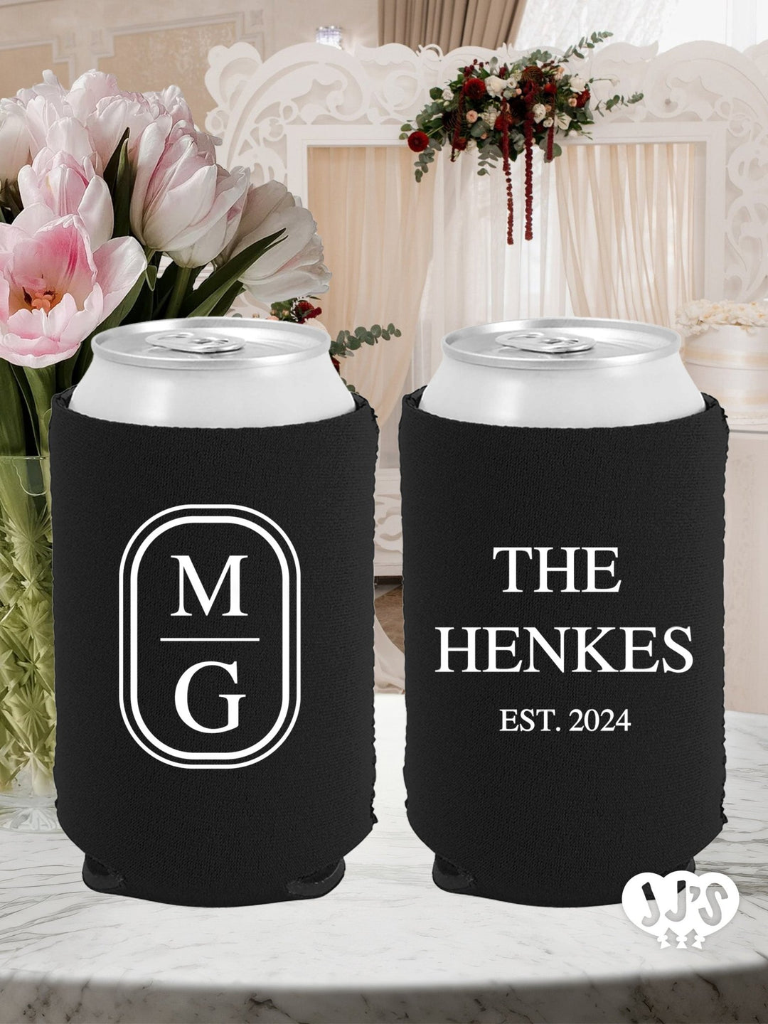 Oval Monogram Wedding Can Coolers - JJ's Party House: Custom Party Favors, Napkins & Cups