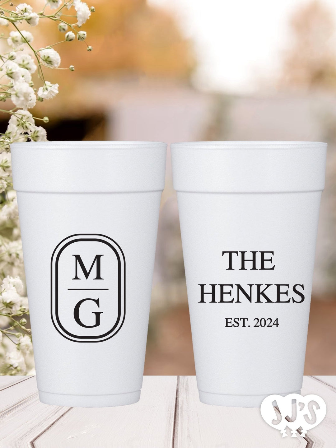 Oval Wedding Monogram Custom Foam Cups - JJ's Party House: Custom Party Favors, Napkins & Cups