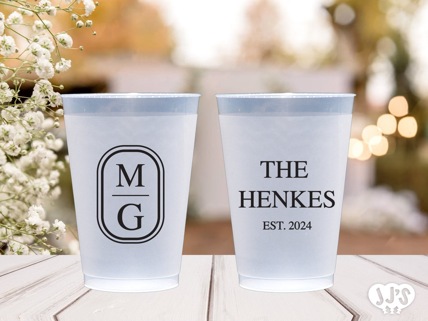 Oval Wedding Monogram Custom Frosted Cups - JJ's Party House: Custom Party Favors, Napkins & Cups