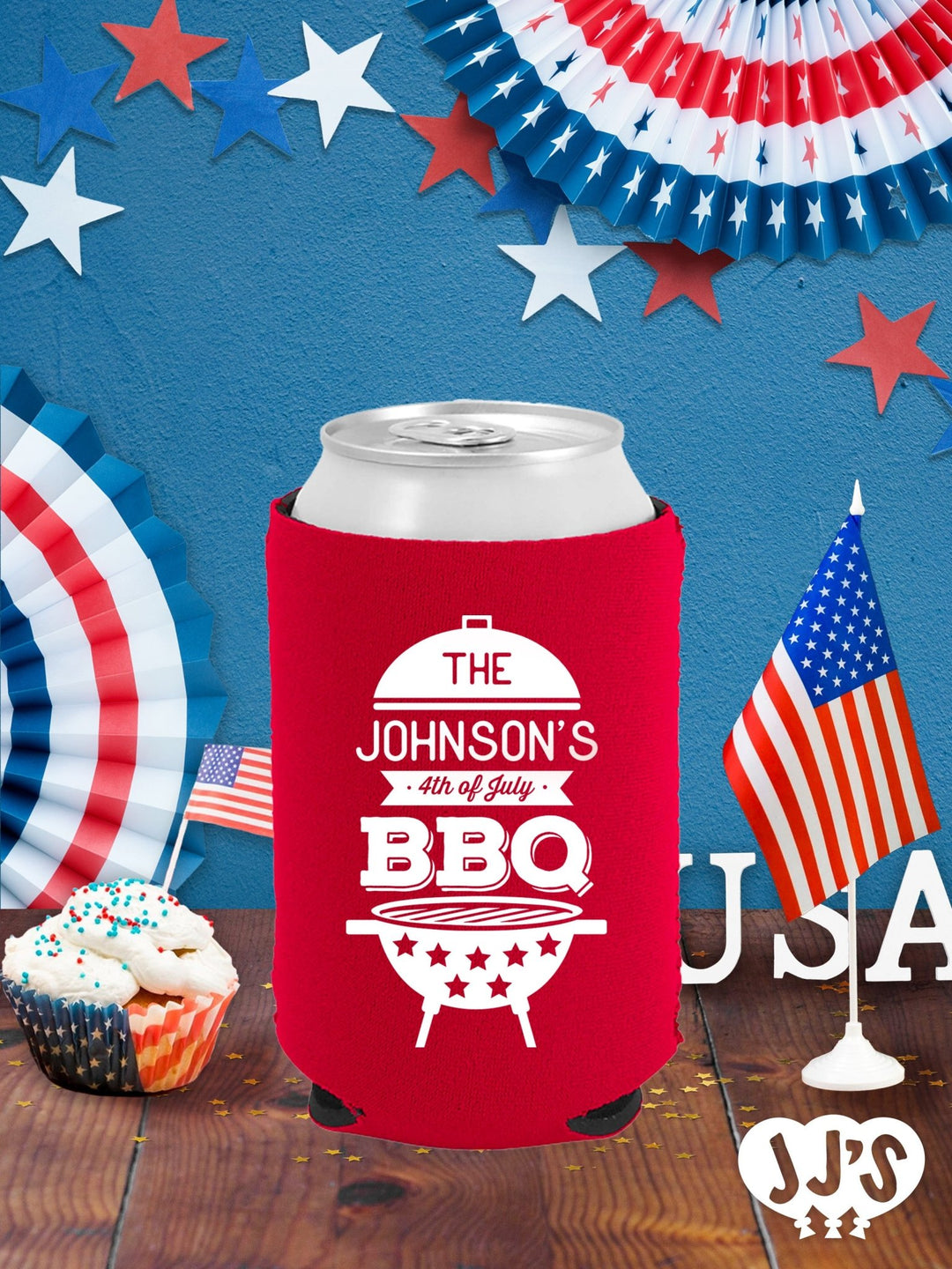 Patriotic Can Coolers: 4th of July Family BBQ Custom Can Coolers - JJ's Party House: Custom Party Favors, Napkins & Cups