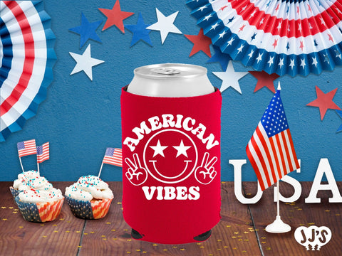 Patriotic Can Coolers: American Vibes Custom Can Coolers - JJ's Party House: Custom Party Favors, Napkins & Cups