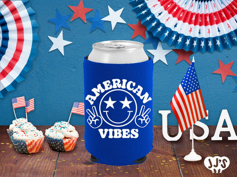 Patriotic Can Coolers: American Vibes Custom Can Coolers - JJ's Party House: Custom Party Favors, Napkins & Cups