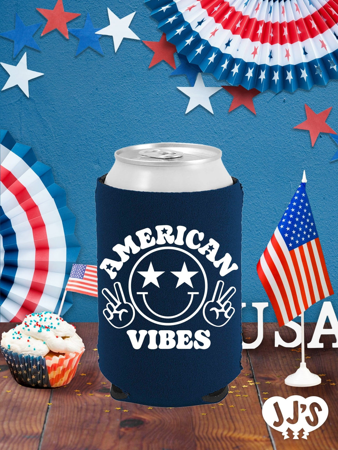 Patriotic Can Coolers: American Vibes Custom Can Coolers - JJ's Party House: Custom Party Favors, Napkins & Cups