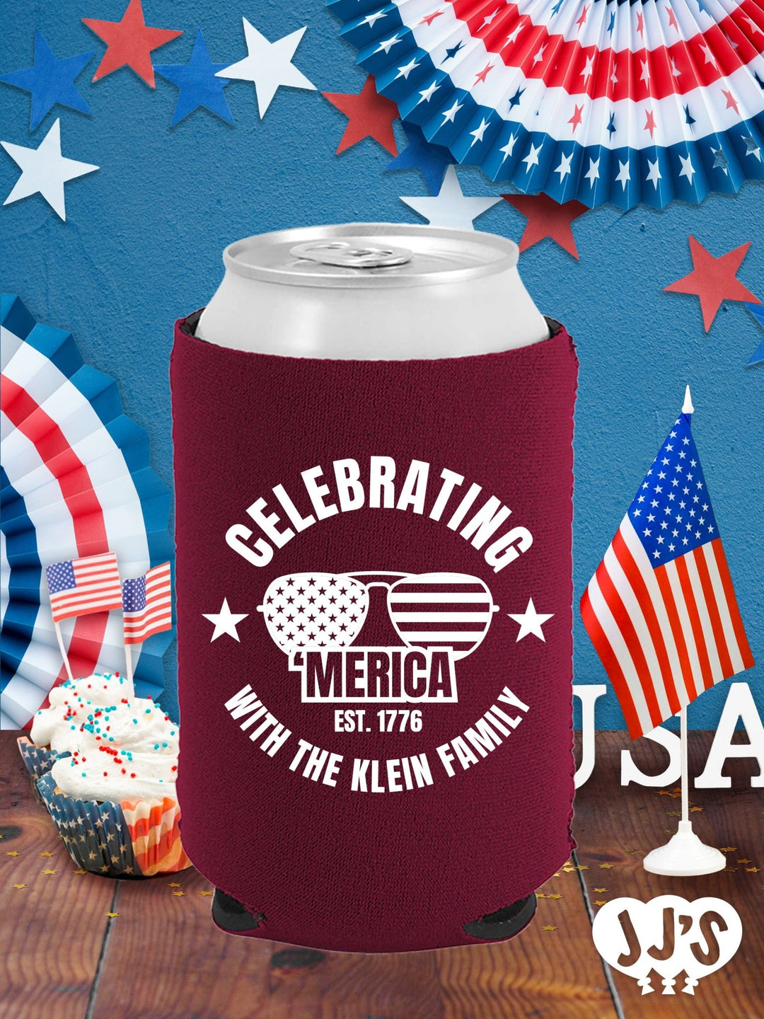 Patriotic Can Coolers: Celebrating Merica Custom Can Coolers - JJ's Party House: Custom Party Favors, Napkins & Cups