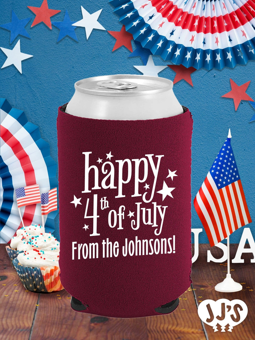 Patriotic Can Coolers: Happy 4th of July Custom Can Coolers - JJ's Party House: Custom Party Favors, Napkins & Cups