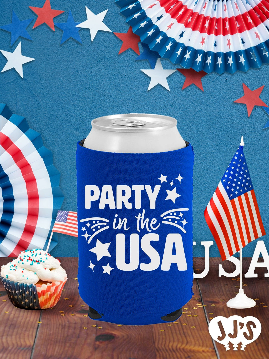 Patriotic Can Coolers: Party in the USA Custom Can Coolers - JJ's Party House: Custom Party Favors, Napkins & Cups