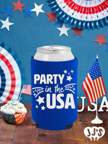 Patriotic Can Coolers: Party in the USA Custom Can Coolers - JJ's Party House: Custom Party Favors, Napkins & Cups