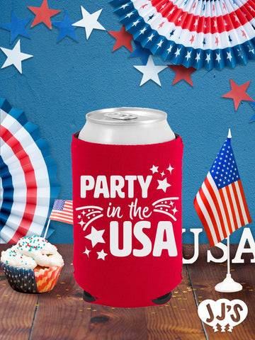 Patriotic Can Coolers: Party in the USA Custom Can Coolers - JJ's Party House: Custom Party Favors, Napkins & Cups