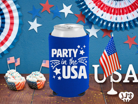 Patriotic Can Coolers: Party in the USA Custom Can Coolers - JJ's Party House: Custom Party Favors, Napkins & Cups