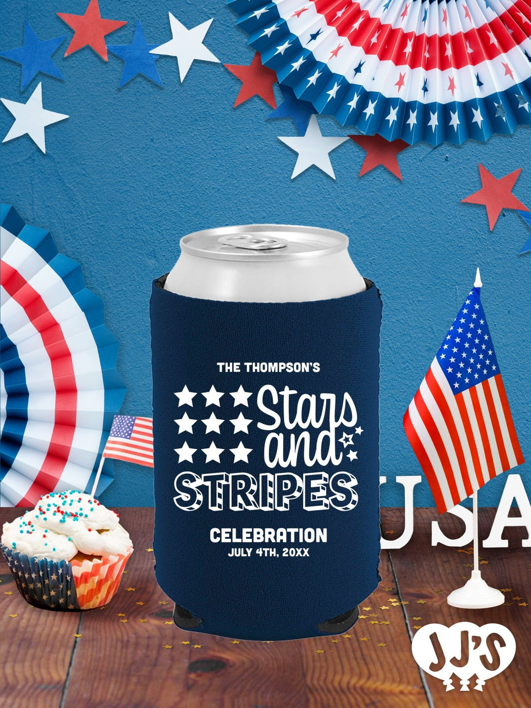 Patriotic Can Coolers: Stars and Stripes Custom Can Coolers - JJ's Party House: Custom Party Favors, Napkins & Cups