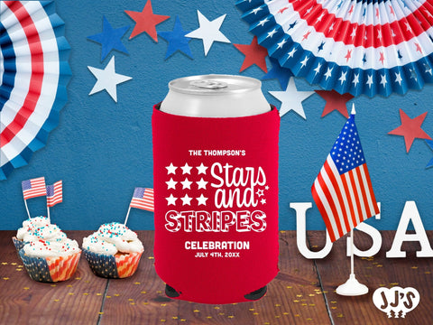 Patriotic Can Coolers: Stars and Stripes Custom Can Coolers - JJ's Party House: Custom Party Favors, Napkins & Cups