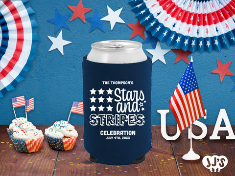 Patriotic Can Coolers: Stars and Stripes Custom Can Coolers - JJ's Party House: Custom Party Favors, Napkins & Cups