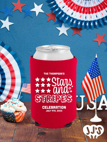 Patriotic Can Coolers: Stars and Stripes Custom Can Coolers - JJ's Party House: Custom Party Favors, Napkins & Cups