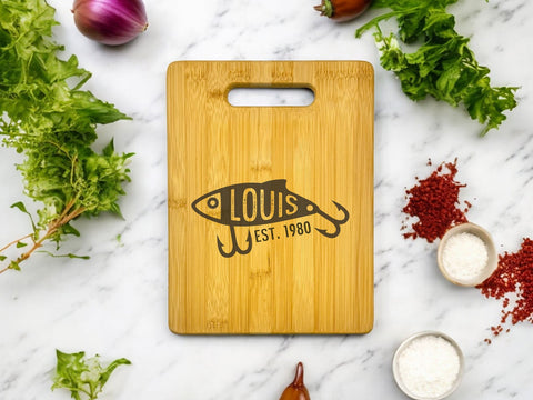 Personalized Fishing Lure Bamboo Cutting Board - JJ's Party House: Birthday, Balloons & Custom Party Favors