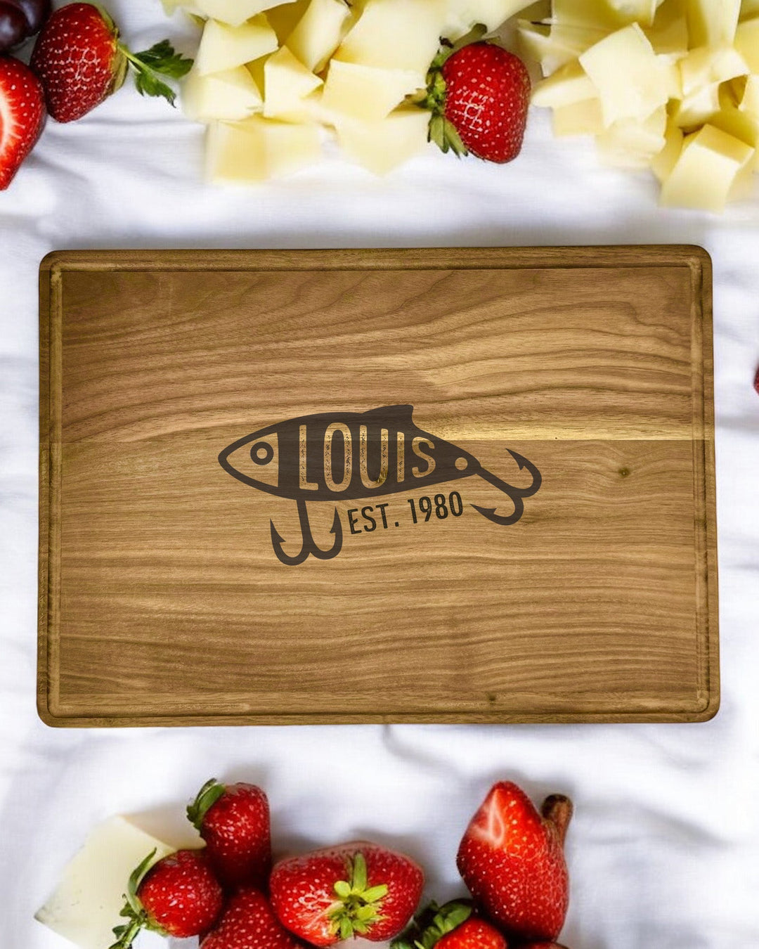 Personalized Fishing Lure Walnut Cutting Board - JJ's Party House: Birthday, Balloons & Custom Party Favors