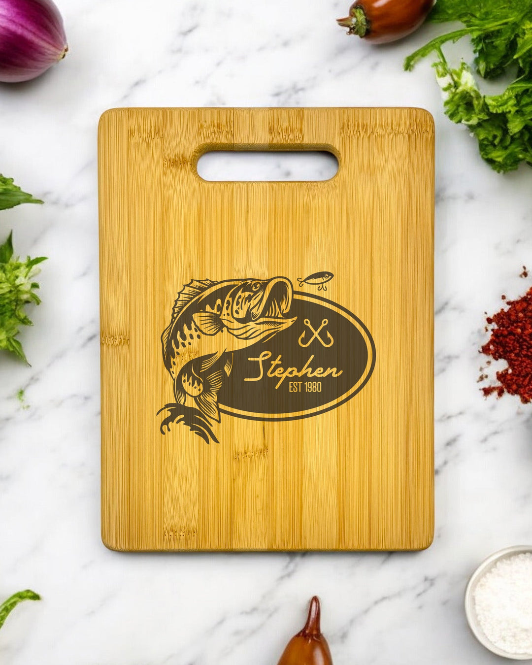 Personalized Fishing Plaque Bamboo Cutting Board - JJ's Party House: Birthday, Balloons & Custom Party Favors