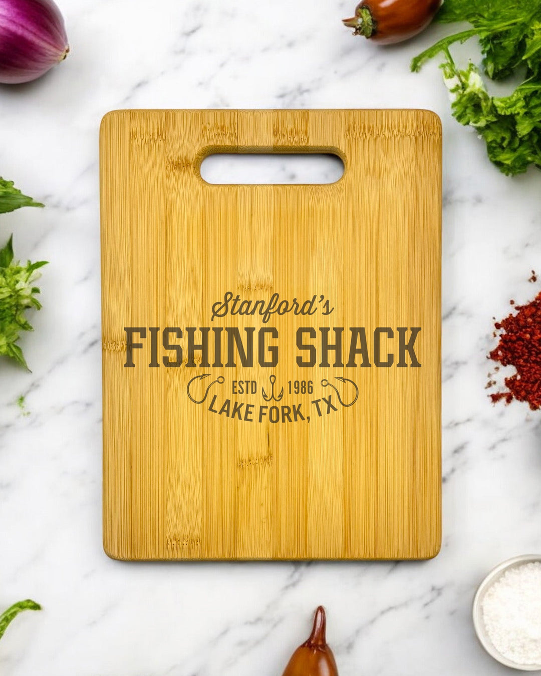 Personalized Fishing Shack Bamboo Cutting Board - JJ's Party House: Birthday, Balloons & Custom Party Favors