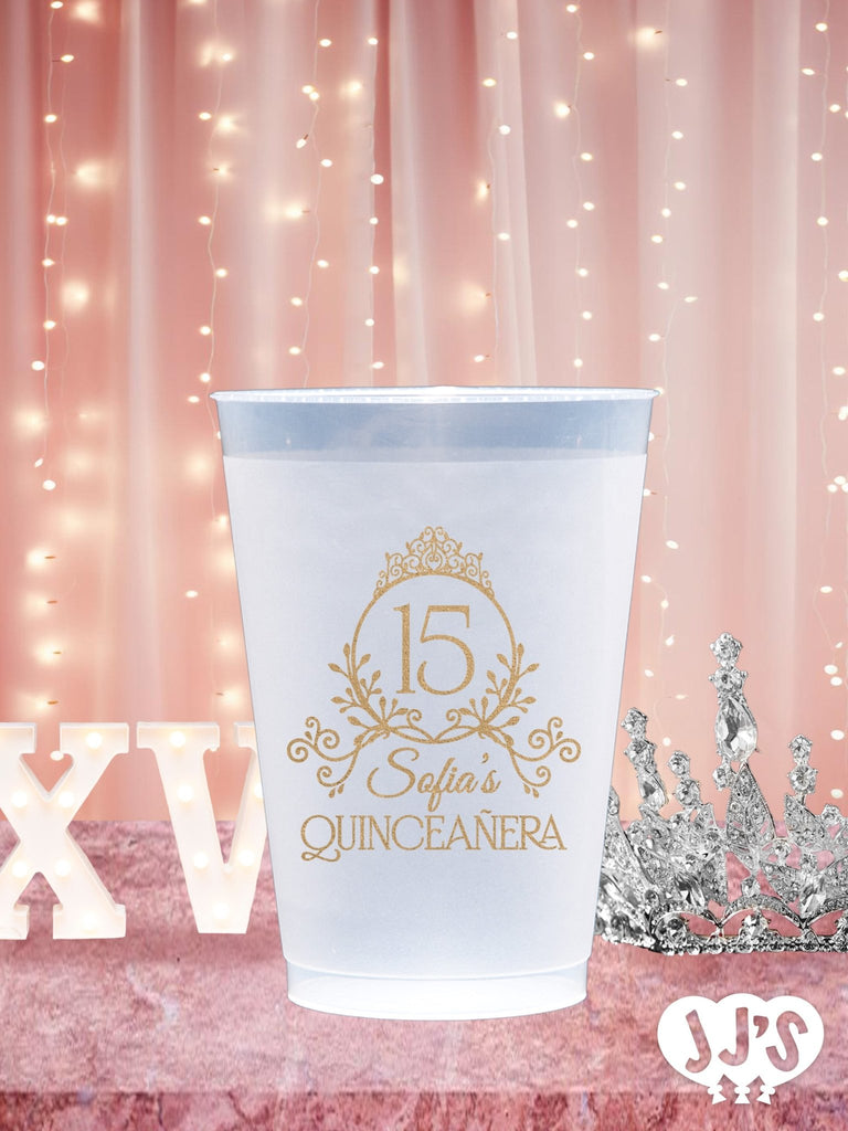 Personalized Quinceanera Cups: Quinceanera Tiara Custom Frosted Cups - JJ's Party House: Custom Party Favors, Napkins & Cups