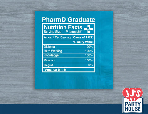 Pharmacy School Nutrition Facts Graduation Napkins - JJ's Party House: Custom Party Favors, Napkins & Cups