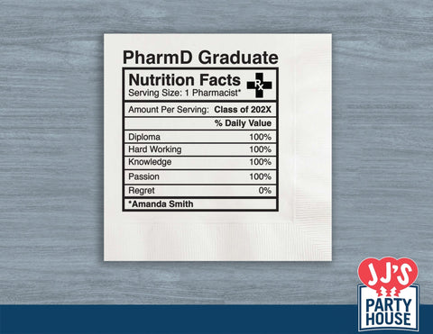 Pharmacy School Nutrition Facts Graduation Napkins - JJ's Party House: Custom Party Favors, Napkins & Cups