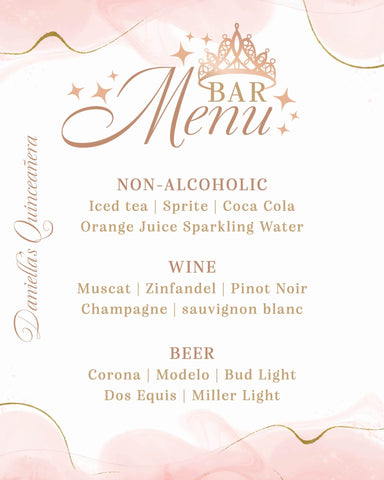 Quinceanera Bar Sign: Quinceanera Princess Bar Menu Sign - JJ's Party House: Custom Party Favors, Napkins & Cups