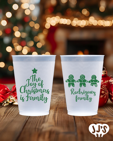 Gingerbread Family Christmas Custom Frosted Cups, showing the cups with the gingerbread family design.