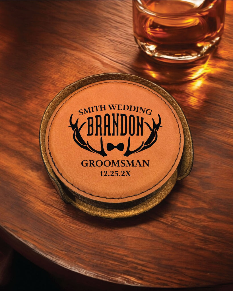 The Brandon Personalized Round Leather Coaster Set 6pc - JJ's Party House: Birthday, Balloons & Custom Party Favors
