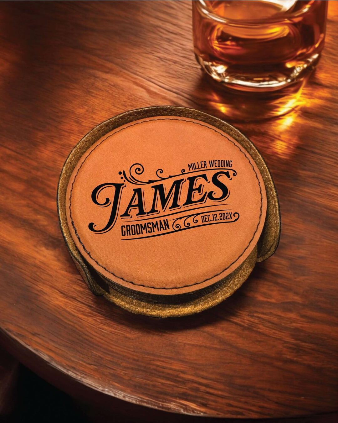 The James Personalized Round Leather Coaster Set 6pc - JJ's Party House: Birthday, Balloons & Custom Party Favors