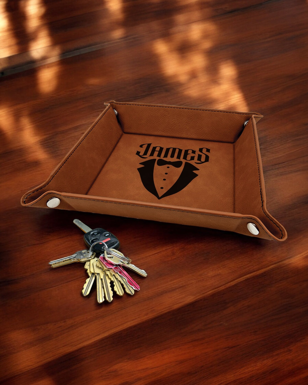 The James Tuxedo Design Personalized Leatherette Valet Tray 6" x 6" - JJ's Party House: Birthday, Balloons & Custom Party Favors