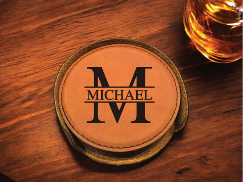 Block Monogram Personalized Round Leather Coaster Set 6pc