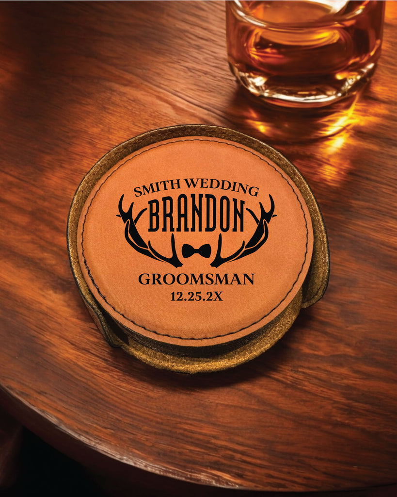 The Brandon Personalized Round Leather Coaster Set 6pc