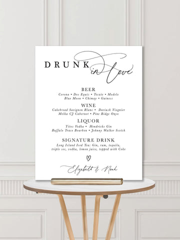 Wedding Bar Sign: Drunk in Love Modern Calligraphy Wedding Bar Sign - JJ's Party House: Custom Party Favors, Napkins & Cups