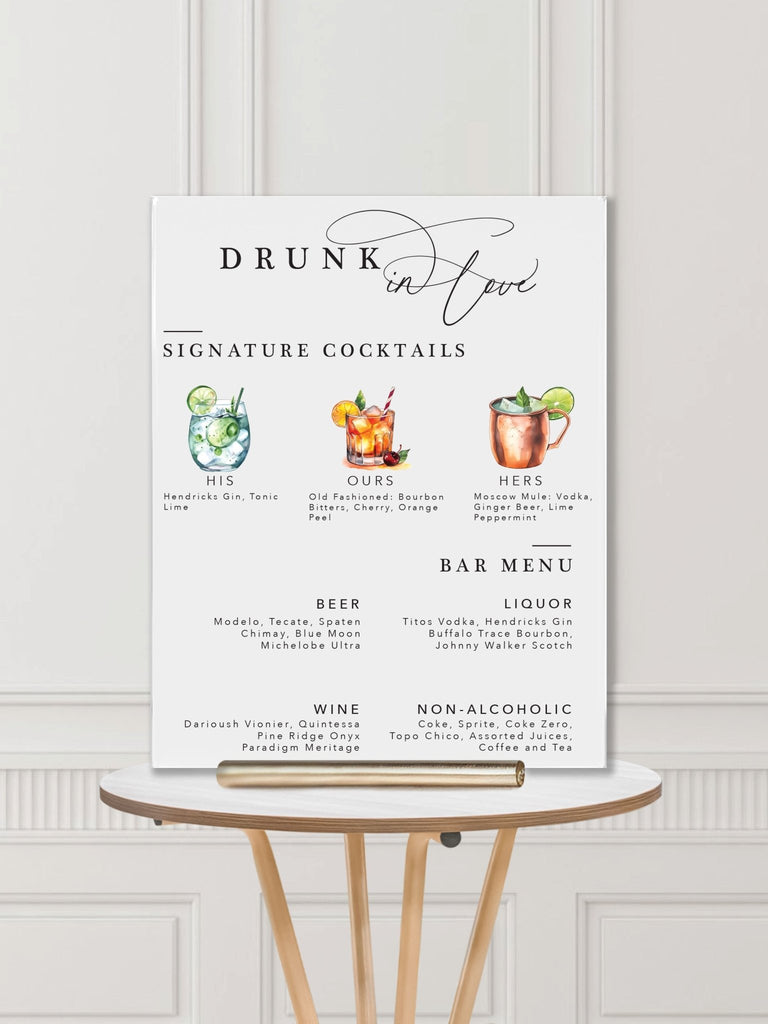 Wedding Bar Sign: Drunk in Love Water Color Wedding Bar Sign - JJ's Party House: Custom Party Favors, Napkins & Cups