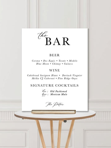 Wedding Bar Sign: Modern Calligraphy Wedding Bar Menu Sign - JJ's Party House: Custom Party Favors, Napkins & Cups