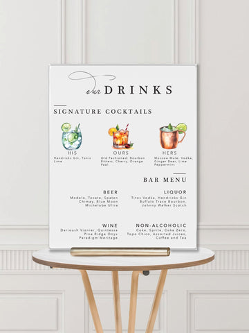 Wedding Bar Sign: Our Drinks Water Color Wedding Bar Menu Sign - JJ's Party House: Custom Party Favors, Napkins & Cups