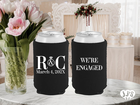 We're Engaged Monogram Wedding Can Coolers - JJ's Party House: Custom Party Favors, Napkins & Cups
