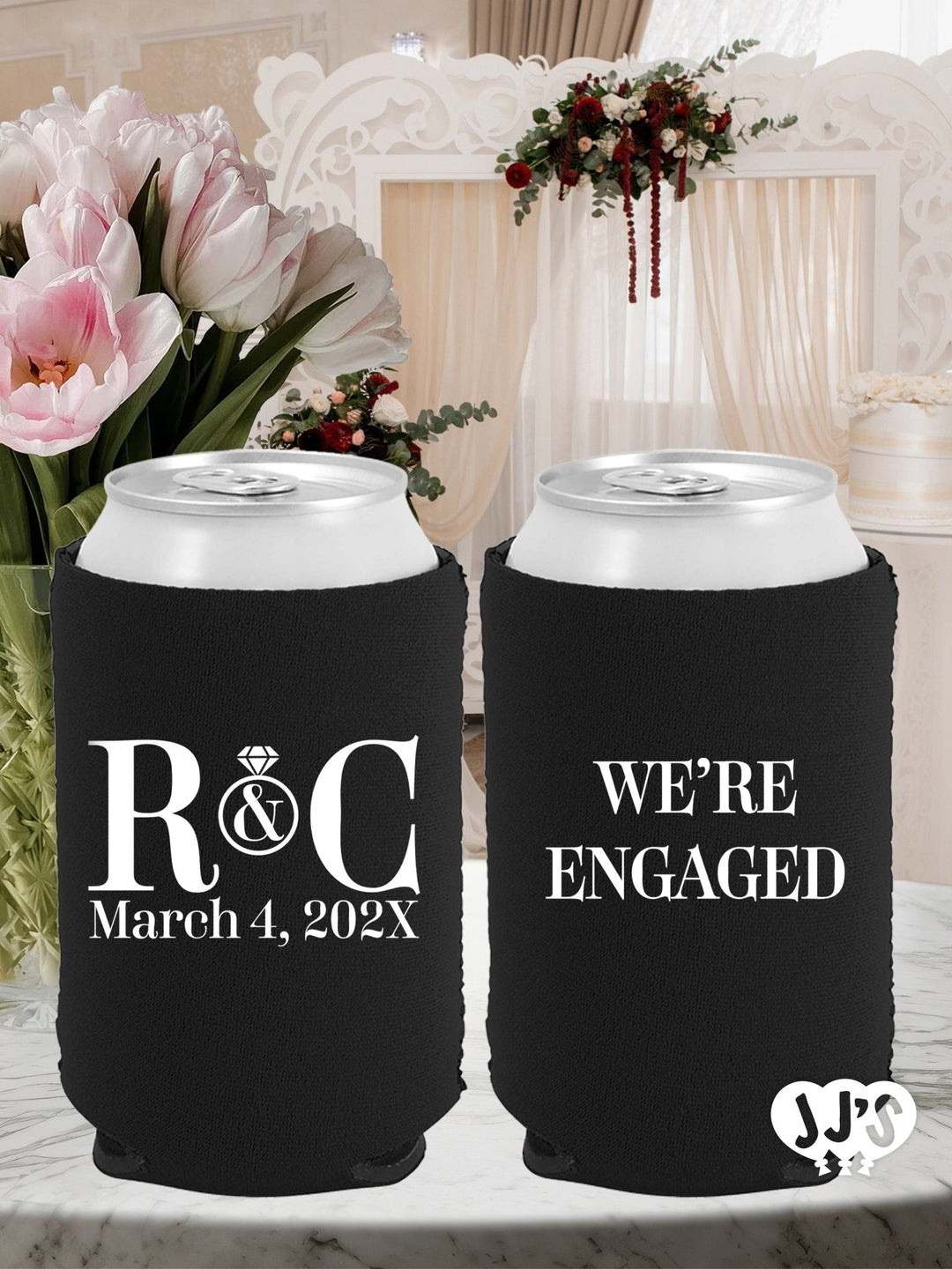 We're Engaged Monogram Wedding Can Coolers - JJ's Party House: Custom Party Favors, Napkins & Cups