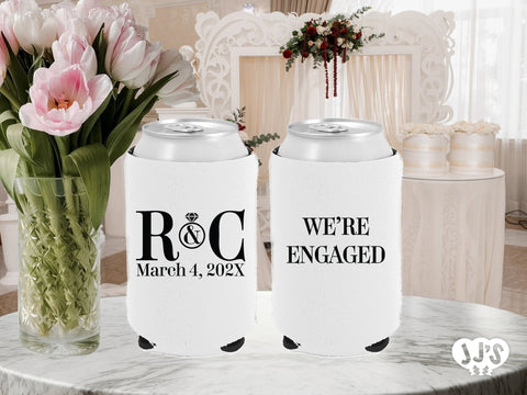 We're Engaged Monogram Wedding Can Coolers - JJ's Party House: Custom Party Favors, Napkins & Cups