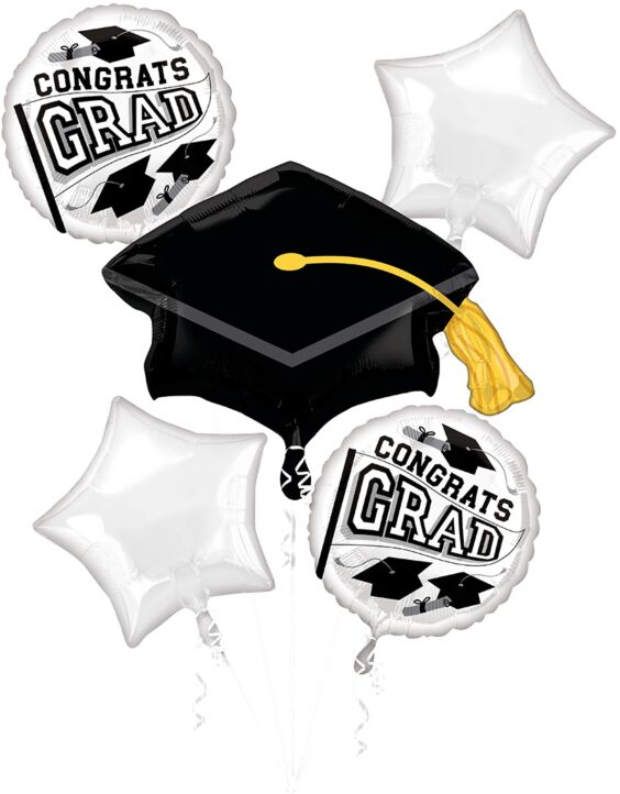 White and Black Congrats Grad Balloon Bouquet - JJ's Party House McAllen, TX