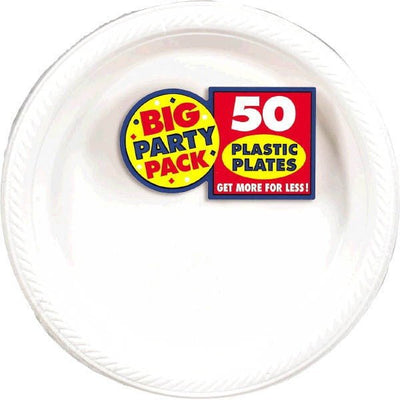White Plastic Plates 10.25'' 50ct - JJ's Party House: Custom Party Favors, Napkins & Cups