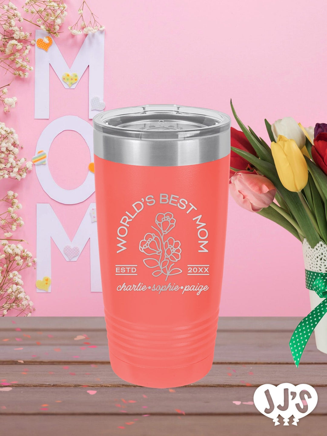 Worlds Best Mom Flower Custom Engraved Tumbler - JJ's Party House: Custom Party Favors, Napkins & Cups