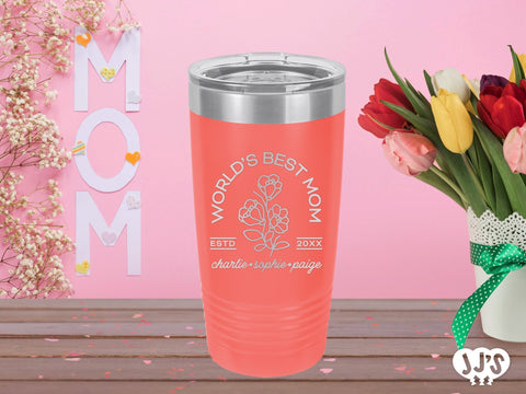 Worlds Best Mom Flower Custom Engraved Tumbler - JJ's Party House: Custom Party Favors, Napkins & Cups