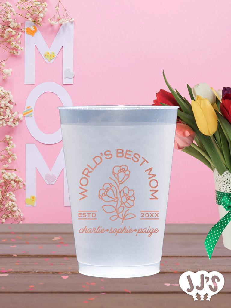 Worlds Best Mom Flower Custom Frosted Cups - JJ's Party House: Custom Party Favors, Napkins & Cups