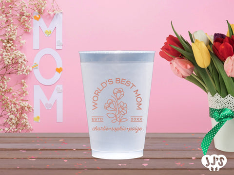 Worlds Best Mom Flower Custom Frosted Cups - JJ's Party House: Custom Party Favors, Napkins & Cups