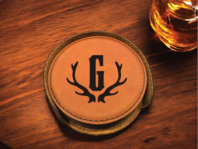 Antler Monogram Personalized Round Leather Coaster Set 6pc