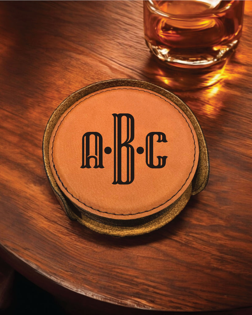 Classic Monogram Personalized Round Leather Coaster Set 6pc